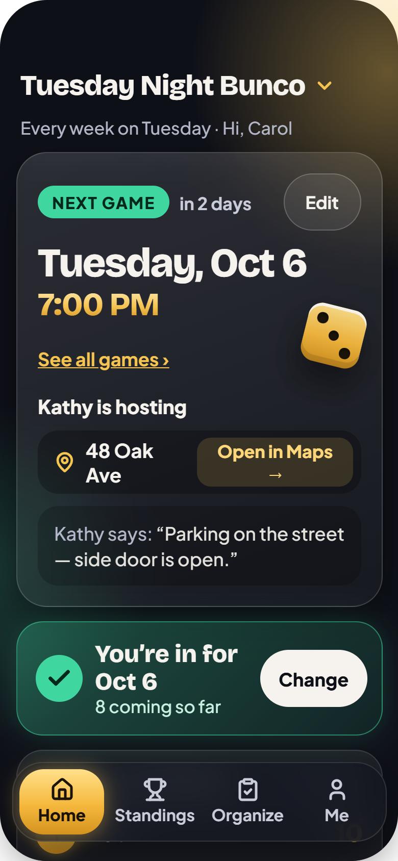 Home screen: next game, who is hosting, and the address