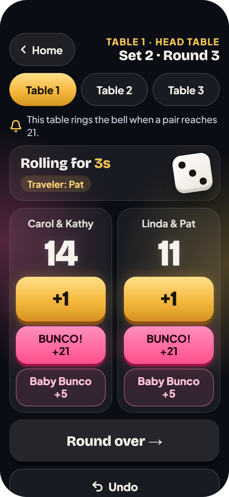 Scorekeeper screen with big +1, BUNCO! and Baby Bunco buttons
