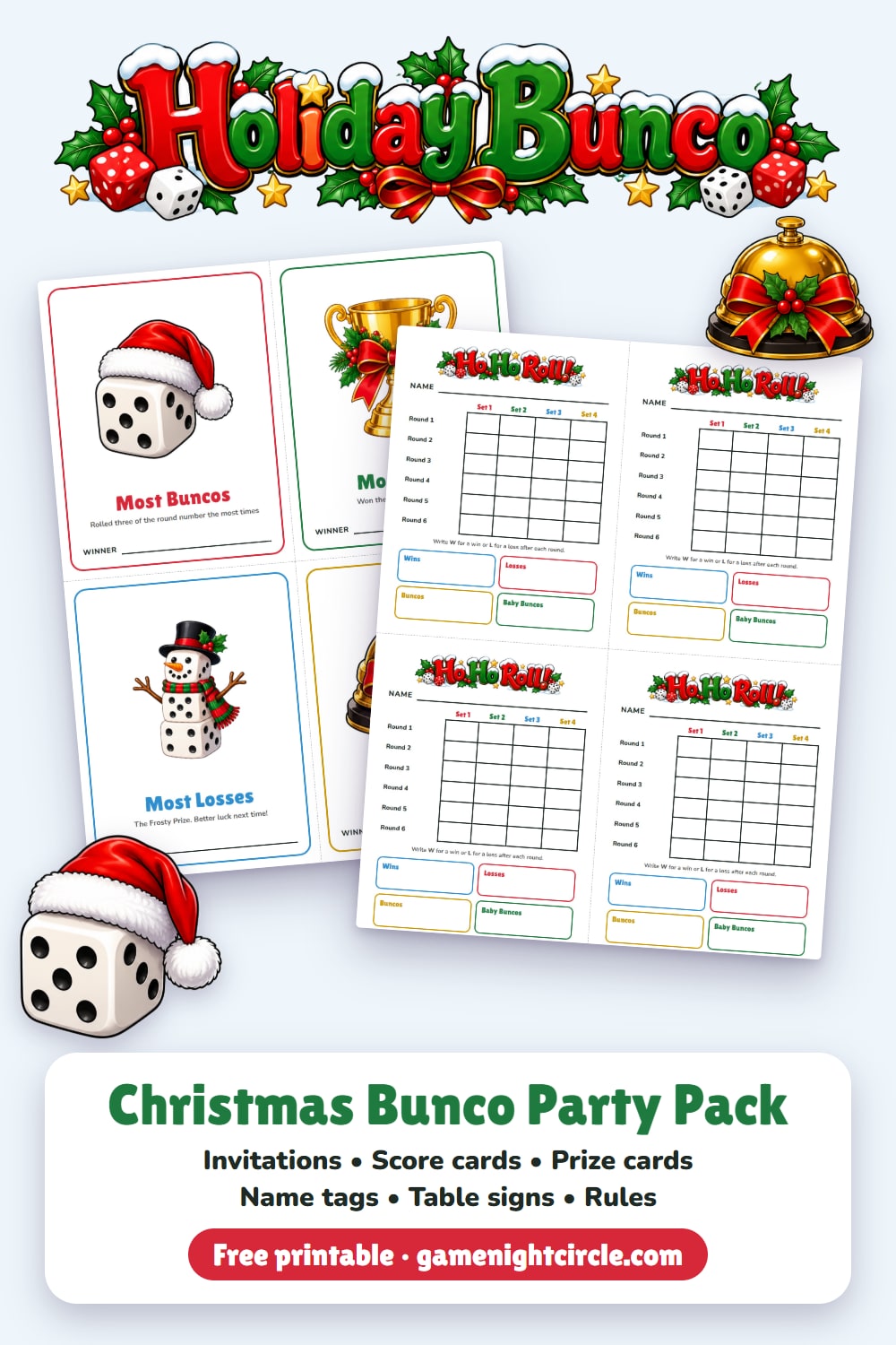 Christmas Bunco party pack: Holiday Bunco prize cards and Ho Ho Roll score cards, free printable from gamenightcircle.com