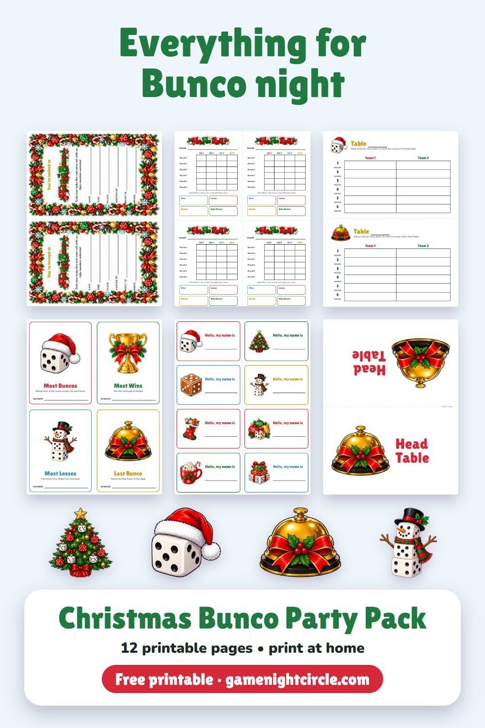 Everything for Bunco night: all the pages of the Christmas Bunco party pack, free printable from gamenightcircle.com