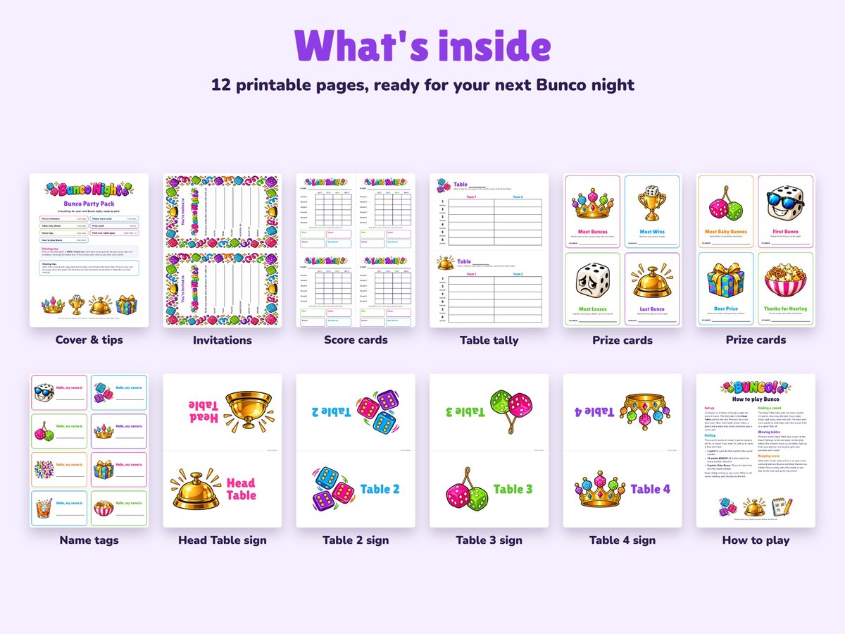 All 12 pages of the Bunco party pack: cover, invitations, score cards, tally sheets, two pages of prize cards, name tags, four table signs and the rules