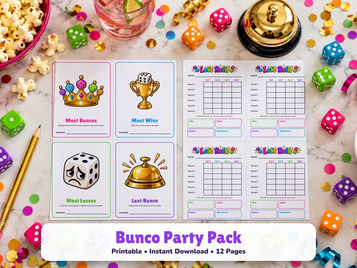 The Bunco party pack on a party table: prize cards for Most Buncos, Most Wins, Most Losses and Last Bunco, and a page of Let’s Roll score cards
