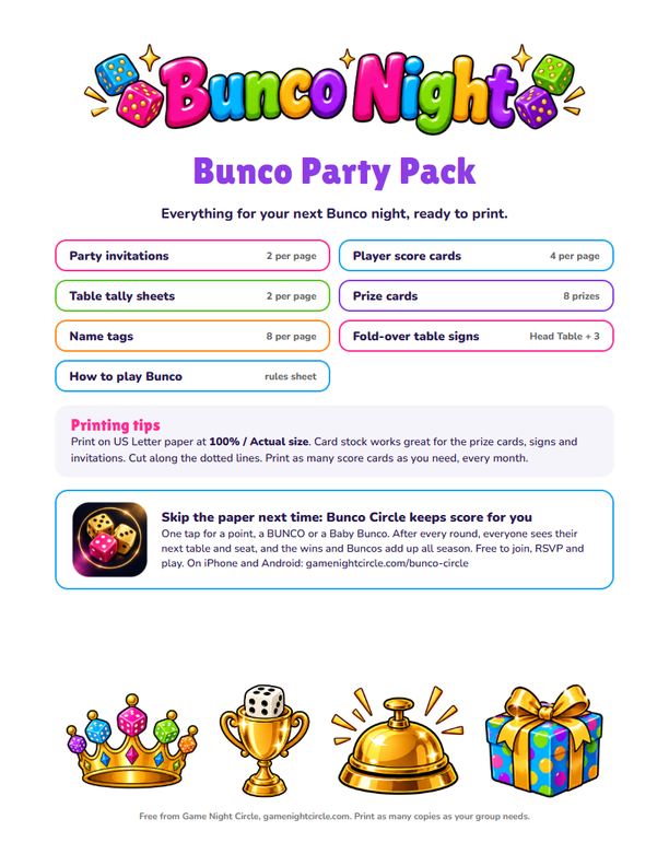 Bunco party pack cover: invitations, score cards, tally sheets, prize cards, name tags, table signs and the rules