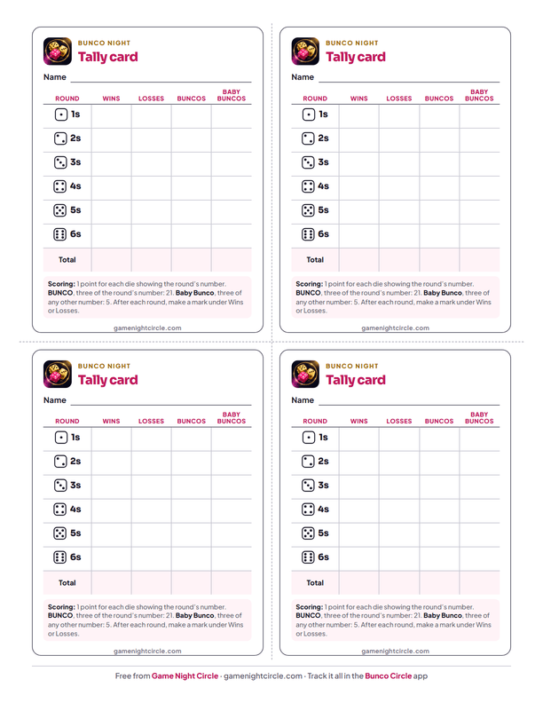Bunco score sheet: four tally cards with rows for rounds 1 to 6 and columns for wins, losses, Buncos and Baby Buncos