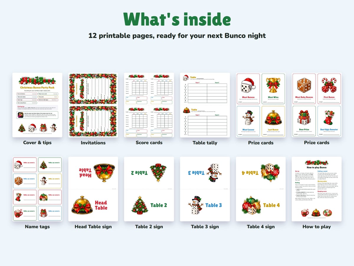 All 12 pages of the Christmas Bunco party pack: cover, Holiday Bunco invitations, score cards, tally sheets, prize cards, name tags, table signs and the rules