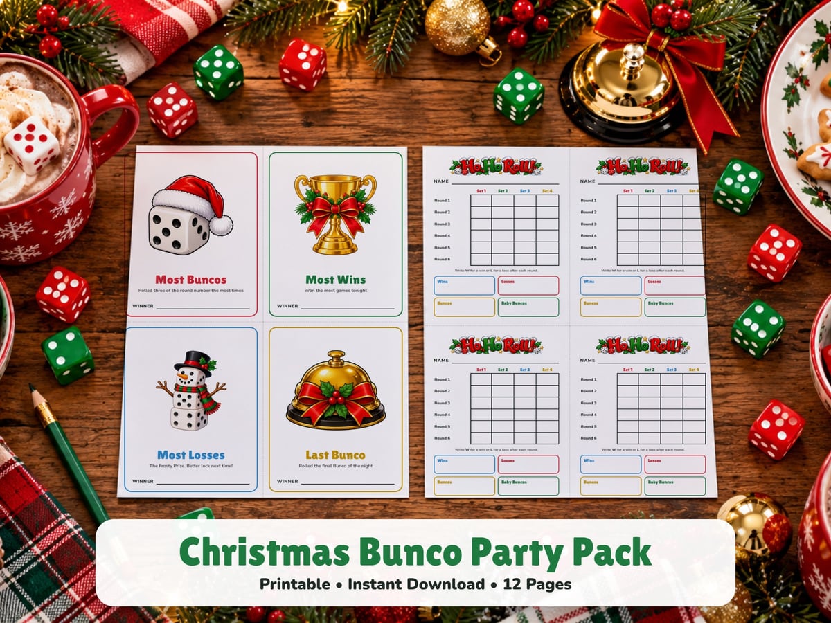 The Christmas Bunco party pack on a holiday table: prize cards with a Santa-hat die, a trophy, a dice snowman and a service bell, and a page of Ho Ho Roll score cards