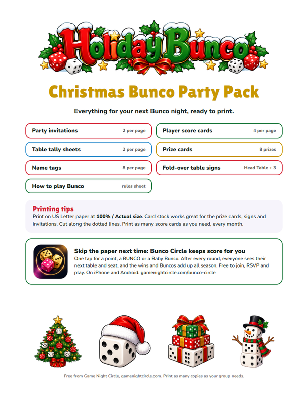 Christmas Bunco party pack cover: Holiday Bunco invitations, score cards, prize cards, name tags and table signs