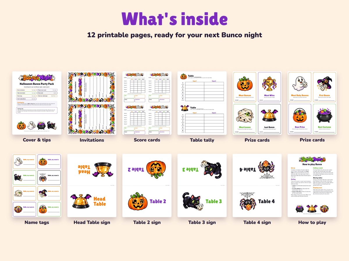 All 12 pages of the Halloween Bunco party pack: cover, Boo-nco Night invitations, score cards, tally sheets, prize cards, name tags, table signs and the rules