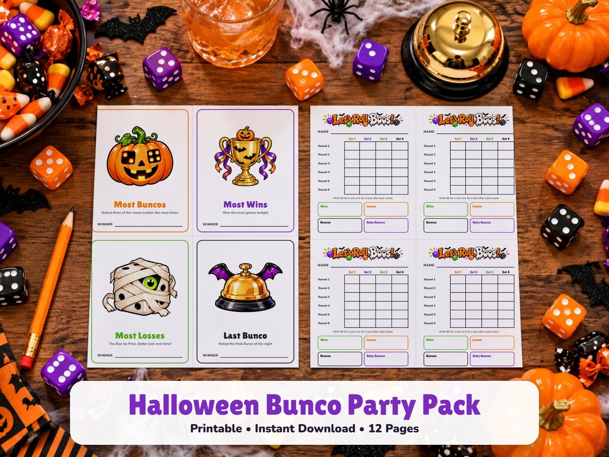 The Halloween Bunco party pack on a Halloween table: prize cards with a pumpkin, a trophy, a mummy die and a bat-winged bell, and a page of Let’s Roll, Boos score cards