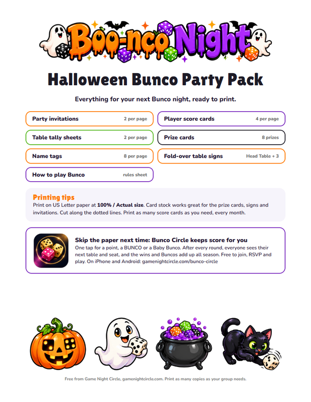 Halloween Bunco party pack cover: Boo-nco Night invitations, score cards, prize cards, name tags and table signs