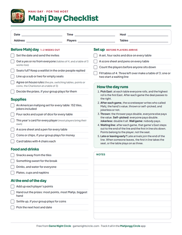 Mahj day checklist: sections for before Mahj day, supplies, food and drinks, setup, how the day runs and the end of the day
